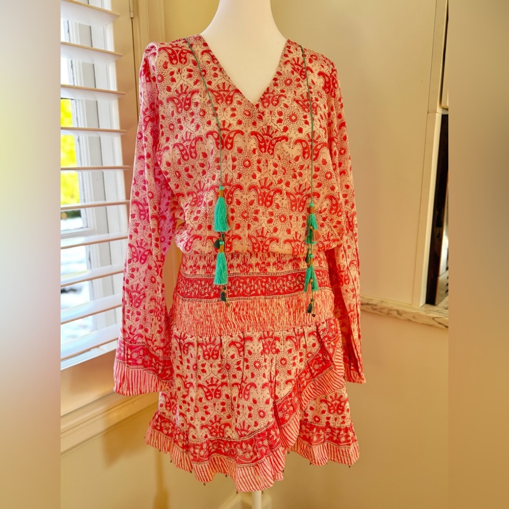 Red and White Patterned Dress with Tassels